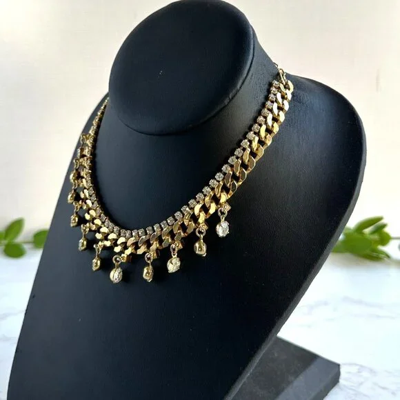 Gold Tone Choker Necklace W/ Clear Rhinestones & Dangles Adjustable 11-14" - Picture 2 of 4